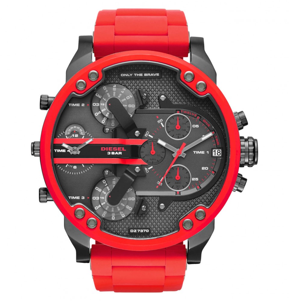 Diesel Mr. Daddy 2.0 DZ7370 men's chronograph watch features a 57mm gunmetal dial, black and red accents, and a bold red silicone-wrapped bracelet.