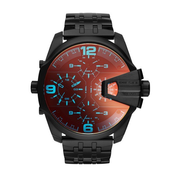 Men's Diesel Uber Chief DZ7373 chronograph watch featuring a 55mm black dial, stainless steel bracelet, bold blue accents, and large numerals at 6, 9, and 12 o'clock.