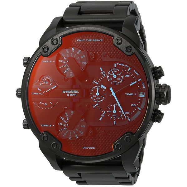Diesel Mr. Daddy 2.0 DZ7395 men's chronograph watch features a 57mm black stainless steel bracelet and a striking red dial with multiple sub-dials and bold white hour markers.