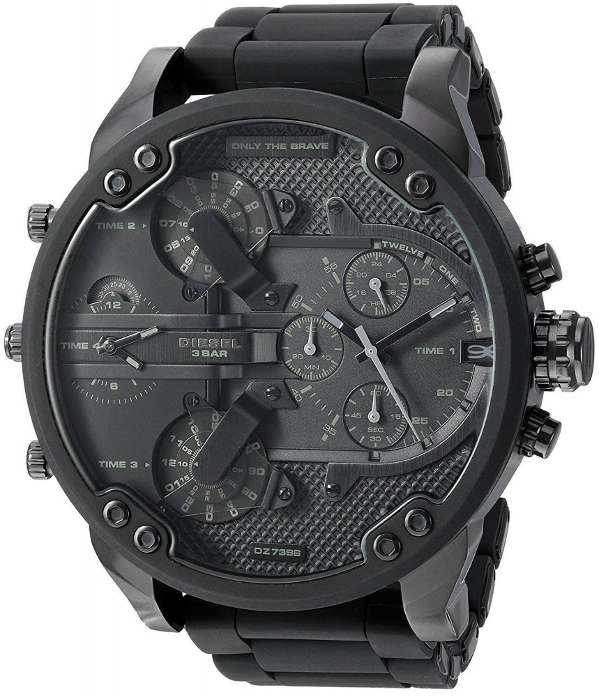 Diesel Mr. Daddy 2.0 DZ7396 men's chronograph watch features a 57mm black dial with multiple sub-dials, silicone-wrapped steel bracelet, and bold black accents.