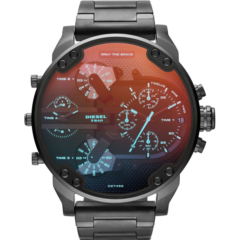 Diesel Mr. Daddy 2.0 DZ7452 men's chronograph watch features a 57mm black dial with multiple subdials, gunmetal steel bracelet, and bold hour markers, showcasing a rugged design.