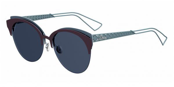Dior CRDAMACLUB FHT/A9 55 sunglasses feature a cat-eye shape with dark lenses, burgundy frames, and metallic silver arms adorned with a textured pattern.
