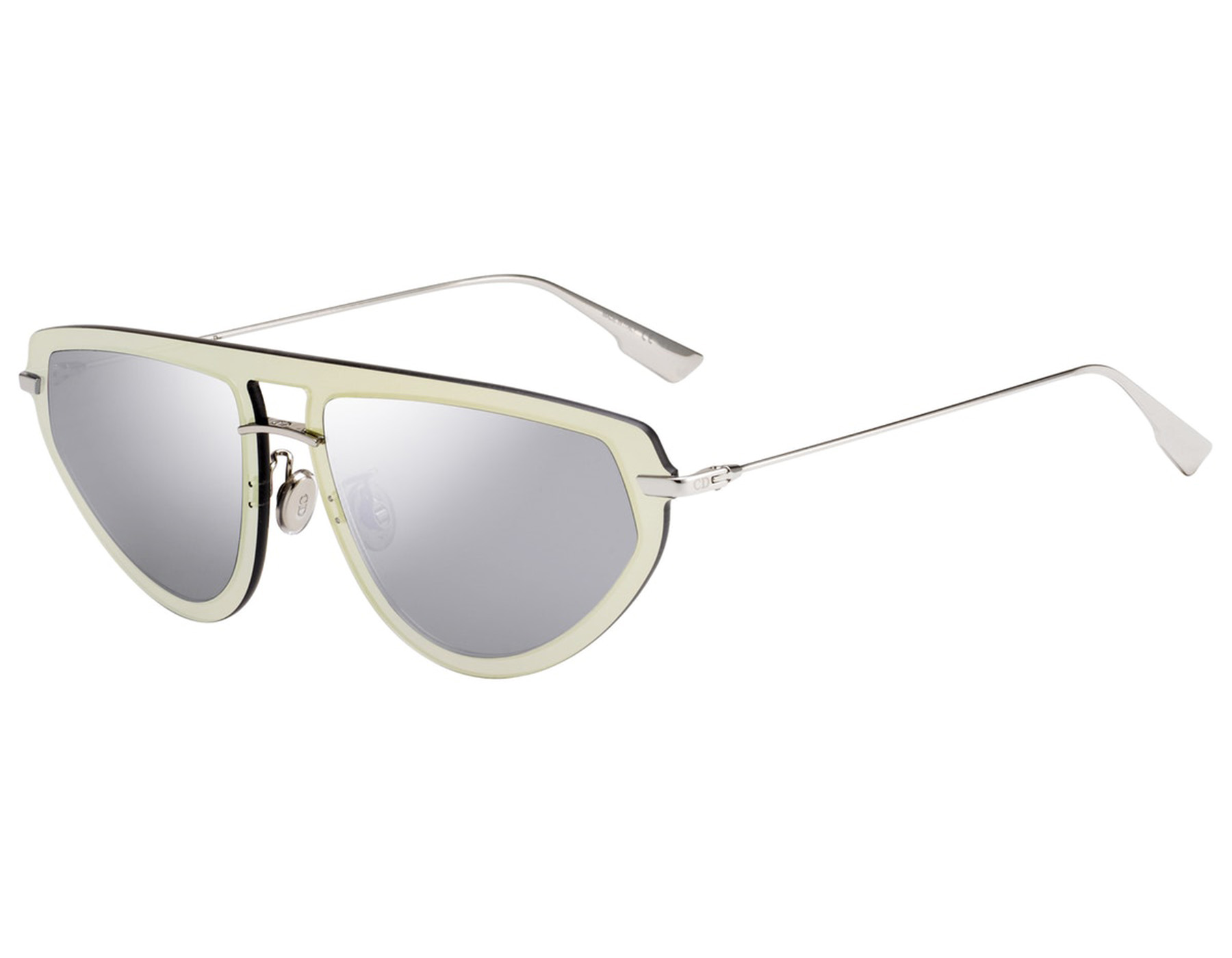 Dior CRDULTIME2 83I/0T 56 sunglasses feature a sleek silver frame with light green accents and mirrored lenses, offering a bold, modern aesthetic.