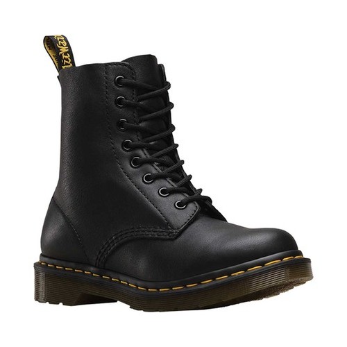 Black leather Dr. Martens 1460 Pascal boots featuring an 11-eyelet lace-up design, yellow stitching, and a chunky sole with a slight heel.