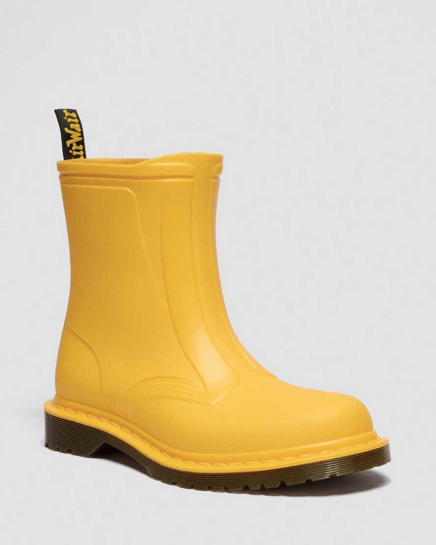 Bright yellow synthetic rain boots with a chunky black sole, featuring a pull tab at the back and a smooth, waterproof finish. Size UK 3 (US Men's 4 - Women's 5) medium.