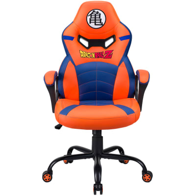 Bright orange and blue gaming chair with a Dragon Ball Z logo on the headrest, featuring adjustable armrests and a five-star base with wheels for mobility.