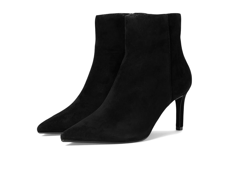 Black suede heeled ankle boots with a pointed toe and sleek silhouette, featuring a slim stiletto heel and a minimalist design for a chic look.
