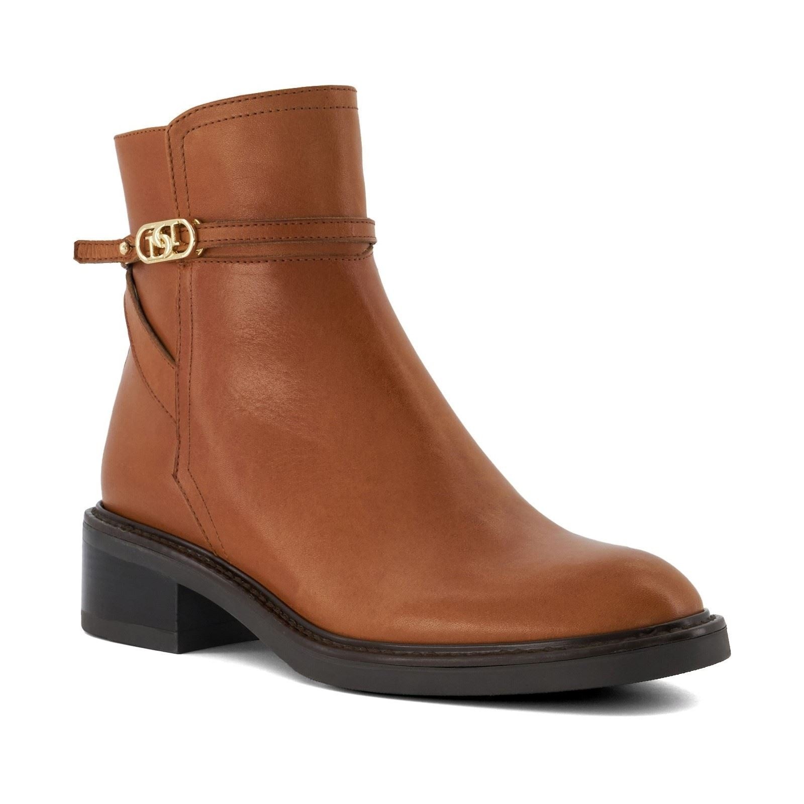 Tan leather mid boots featuring a sleek silhouette, decorative strap with a gold buckle, and a chunky black heel for added stability.