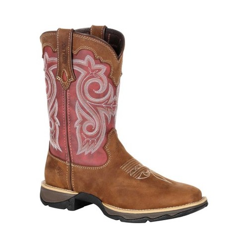 Brown leather cowboy boot with a square toe, featuring pink floral embroidery and a cushioned sole for comfort.