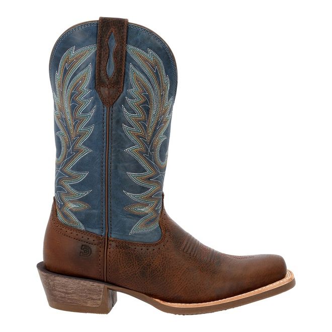 Durango Men's Rebel Pro Cutter Boots feature a blue leather shaft with intricate stitching, a brown leather foot, and a classic cowboy boot silhouette with a stacked heel.