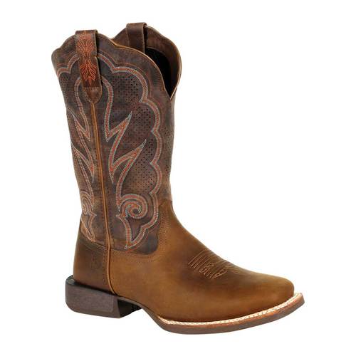 Cognac-colored women's Durango Lady Rebel Pro Western boots feature intricate stitching, a pointed toe, and a low stacked heel, crafted from durable leather for casual wear.
