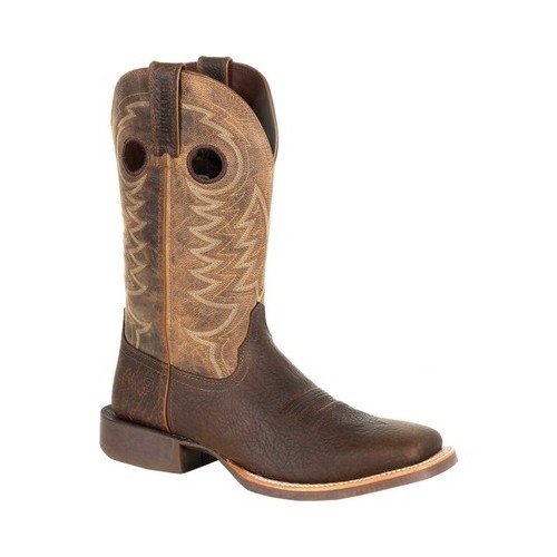 Brown leather cowboy boots with a square toe, featuring decorative stitching and pull holes for easy wear, designed for durability and style.