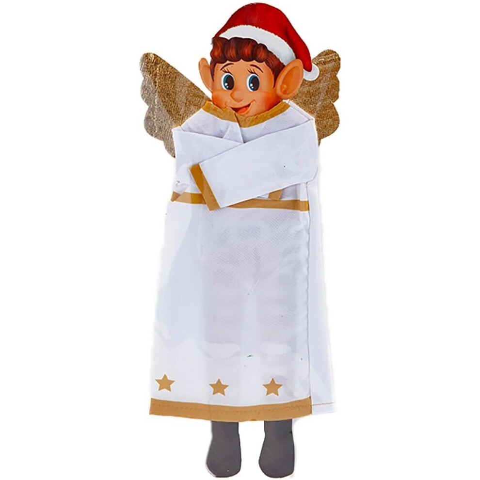 Naughty Christmas elf doll costume featuring a white robe with gold trim, golden wings, a red Santa hat, and grey shoes, designed for playful holiday decor.