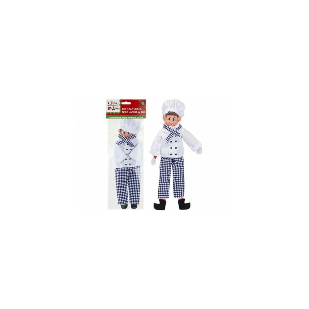 Chef elf doll wearing a white chef's coat, blue checkered pants, and a matching chef's hat, with a playful expression and black shoes, packaged for Christmas.