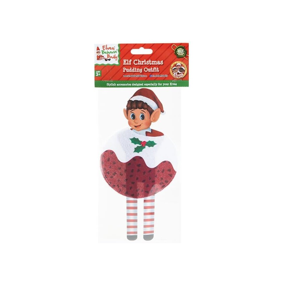 A festive Christmas pudding outfit featuring a smiling elf with a red and white striped hat, green holly accents, and a round pudding design with a white top and red bottom.