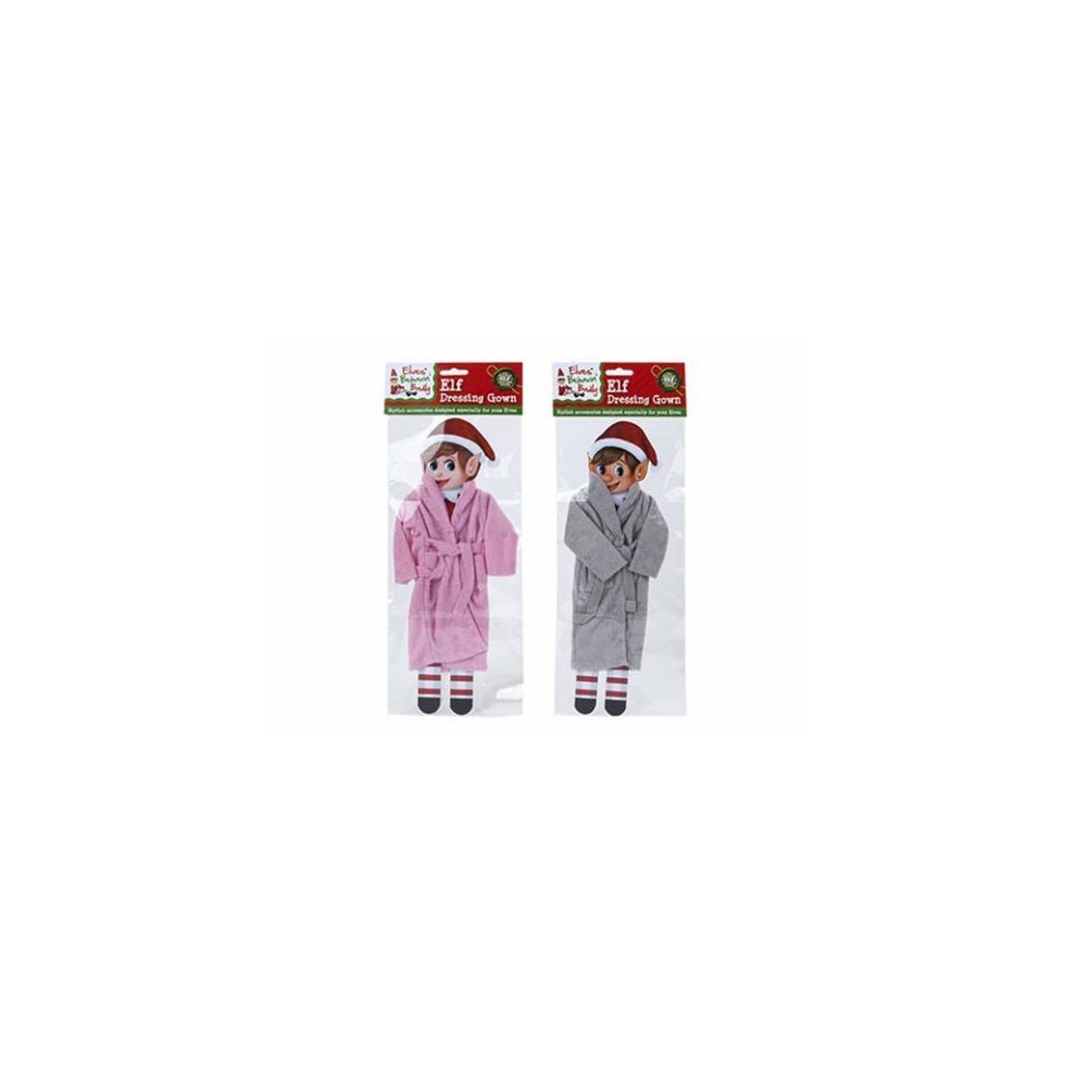 Two elf dressing gowns in pink and grey, featuring a hood and belt, with a playful design, perfect for festive dress-up, packaged with a festive header.