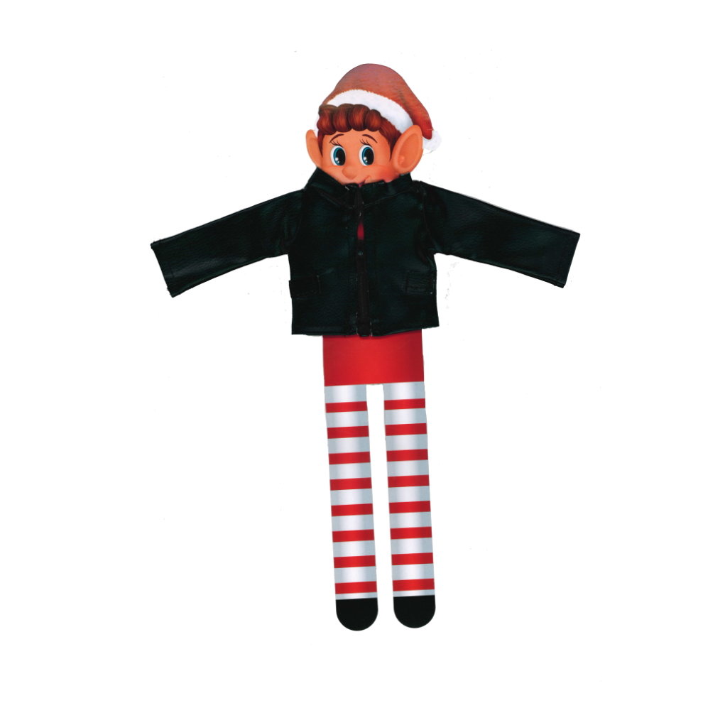 Deluxe faux black leather jacket with zip, featuring a playful elf with a red and white striped body and a Santa hat.
