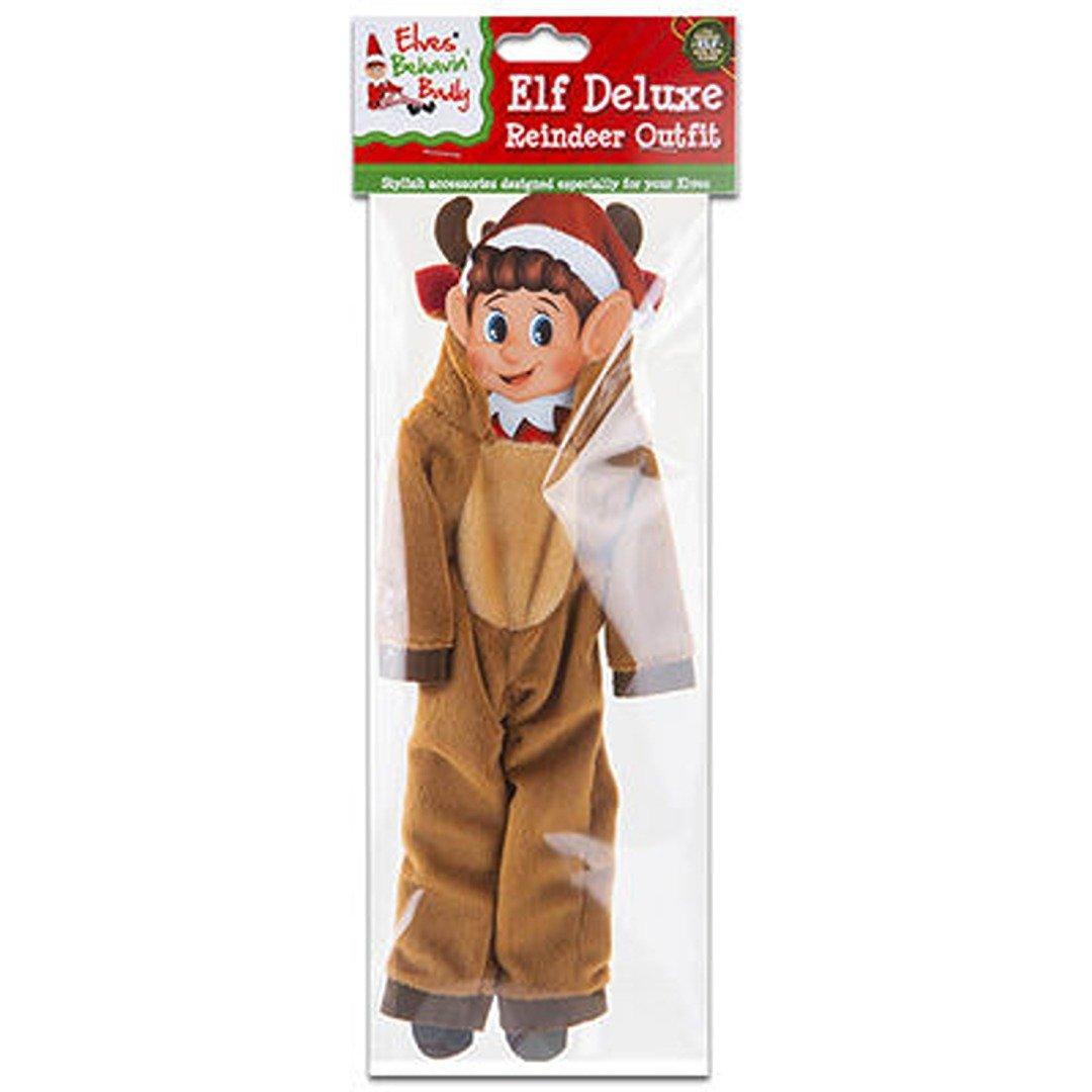 Brown reindeer outfit for an elf, featuring a hood with antlers and a red bow, packaged in clear plastic with a festive header from Elves Behavin' Badly.