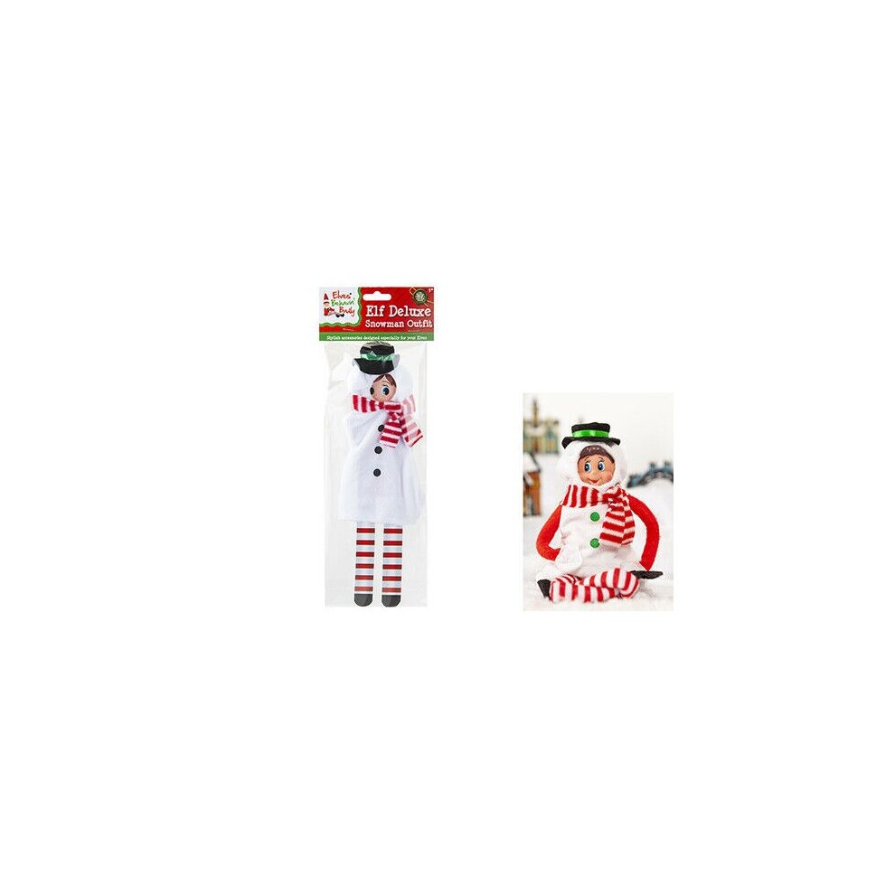 Christmas outfit for a snowman figure, featuring a white coat, red and white striped pants, and a green hat, packaged with a playful design by Elves Behavin' Badly.