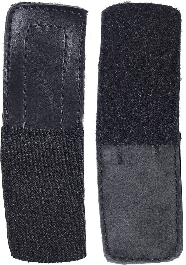 Black leather and fabric strap extensions with a soft, textured underside, designed for added length and comfort in footwear.