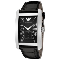 Classic black men's watch by Emporio Armani features a rectangular silver-tone case, black dial with silver hour markers, and a black leather strap.