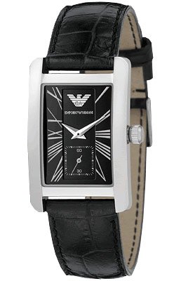 Classic rectangular ladies watch featuring a black dial, silver-tone case, and a textured black leather strap with a crocodile pattern.