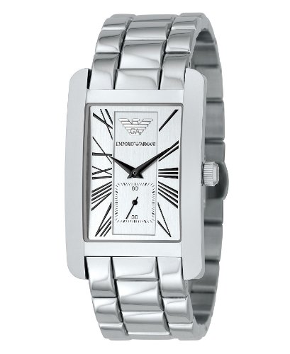 Silver stainless steel men's watch featuring a classic white dial, Roman numeral markers, and a small sub-dial, with a polished rectangular case and linked bracelet.