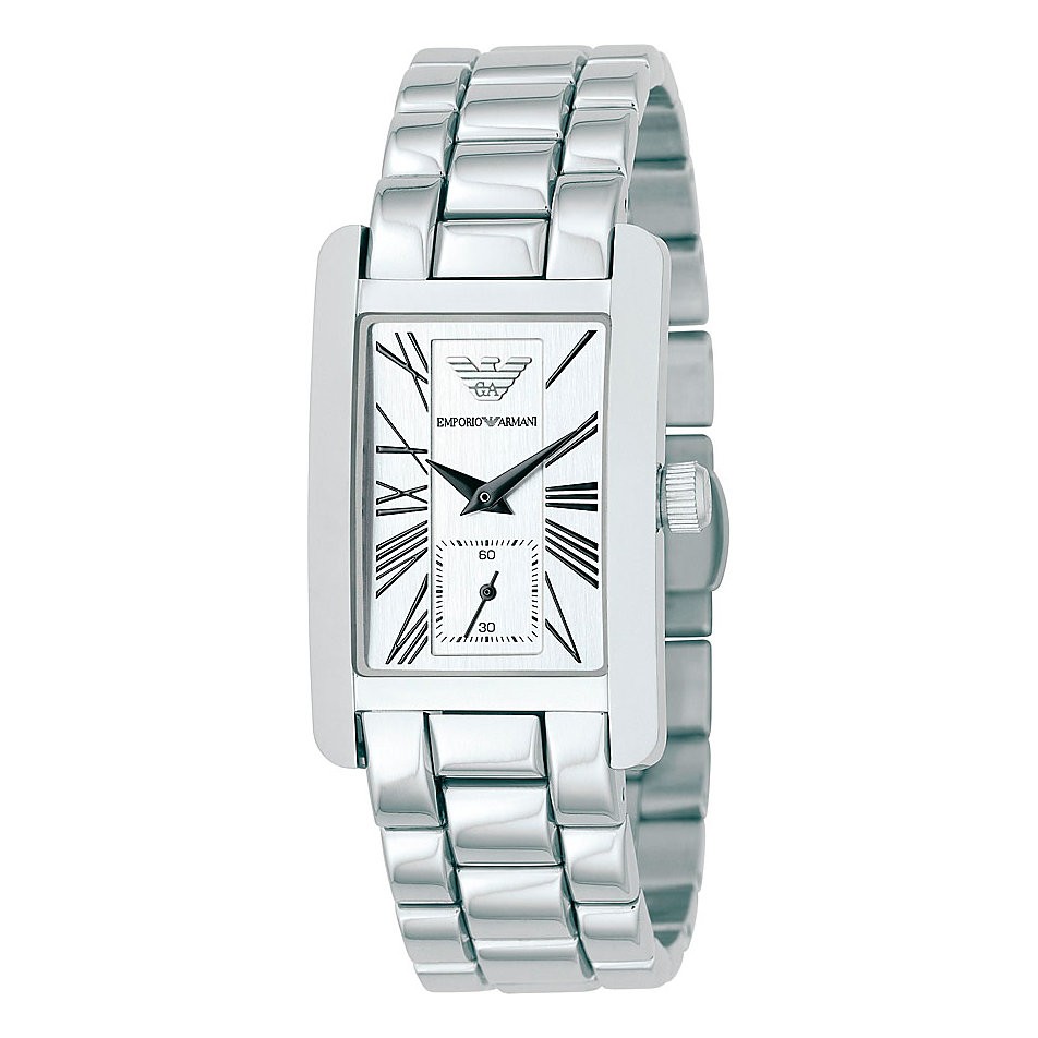 Silver rectangular stainless steel watch with a white dial, featuring Roman numerals, a small subdial, and a polished link bracelet.