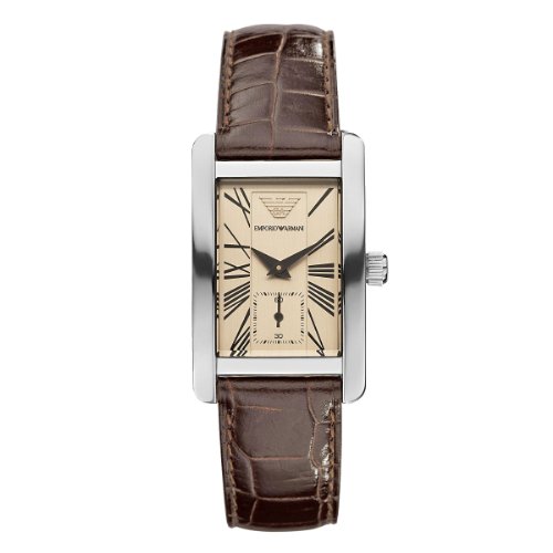 Classic rectangular ladies watch by Emporio Armani featuring a beige dial with Roman numerals, a silver-tone case, and a brown crocodile-patterned leather strap.
