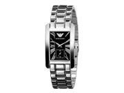 Elegant Emporio Armani AR0157 ladies' watch featuring a black dial, silver stainless steel case and bracelet, with rectangular face and bold hour markers.