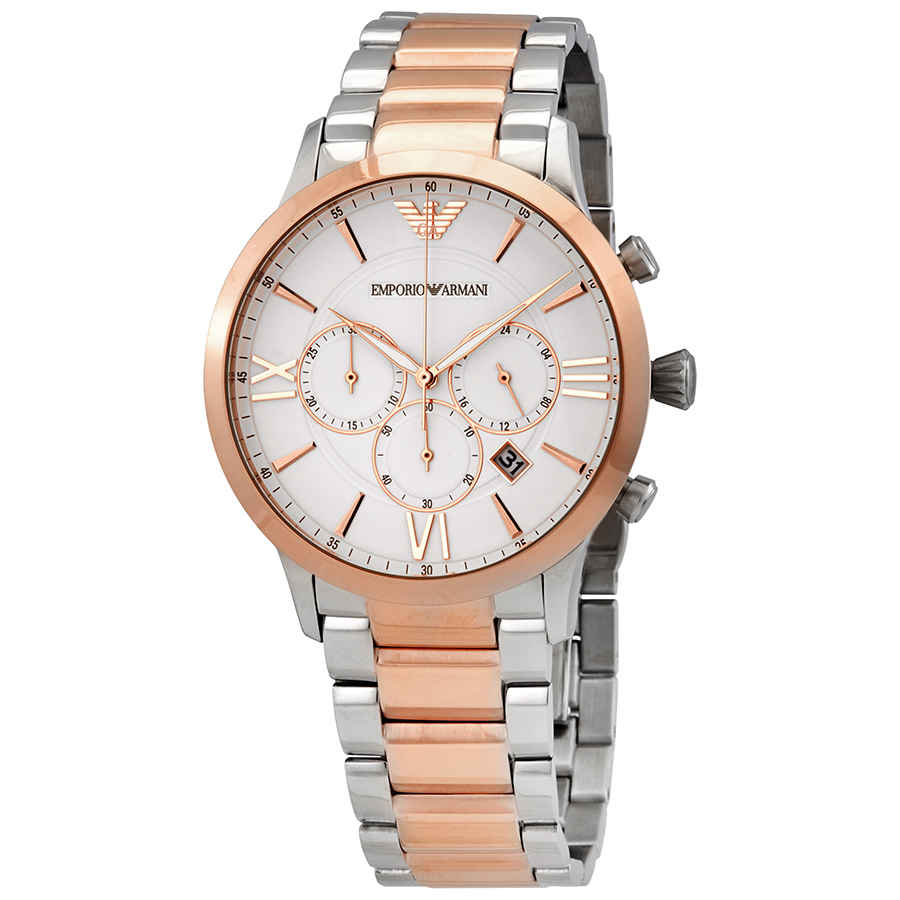 Emporio Armani AR11209 Giovanni Chronograph features a white dial, rose gold and silver stainless steel bracelet, three sub-dials, and a date window at 4 o'clock.