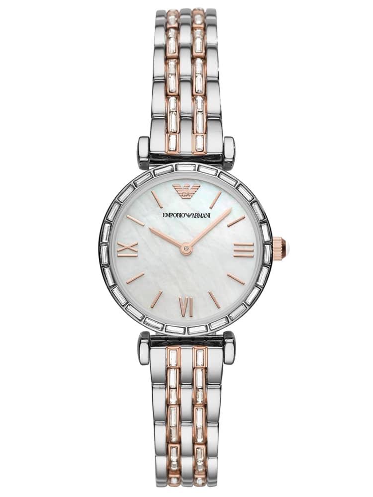 Emporio Armani women's quartz watch featuring a 28mm mother of pearl dial, two-tone silver and rose gold bracelet, and baguette crystals on the band.
