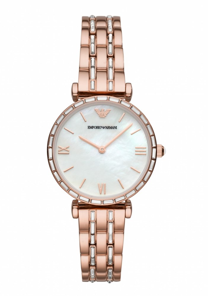 Rose gold women's watch by Emporio Armani features a round mother-of-pearl dial, Roman numeral markers, and a linked bracelet with crystal accents.