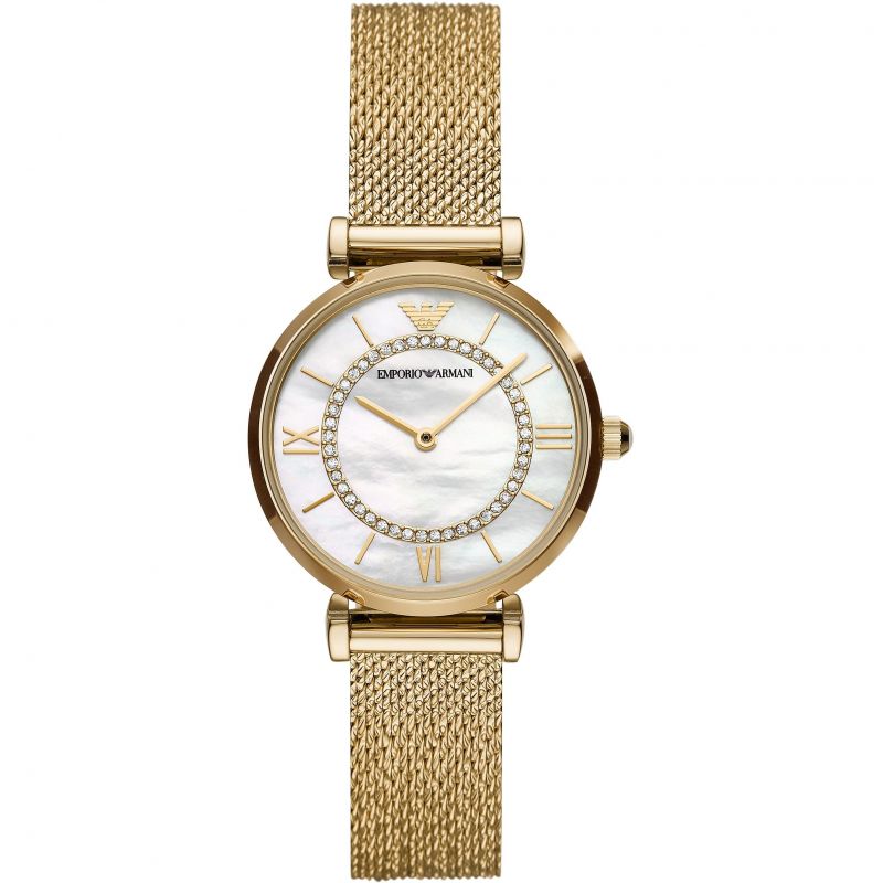 Gold Emporio Armani AR11321 Gianni T-Bar ladies watch featuring a round mother-of-pearl dial, Roman numerals, and a gold mesh bracelet adorned with sparkling accents.