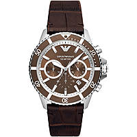 Emporio Armani men's chronograph watch features a 43mm silver stainless steel case, brown dial with silver accents, and a brown leather strap.