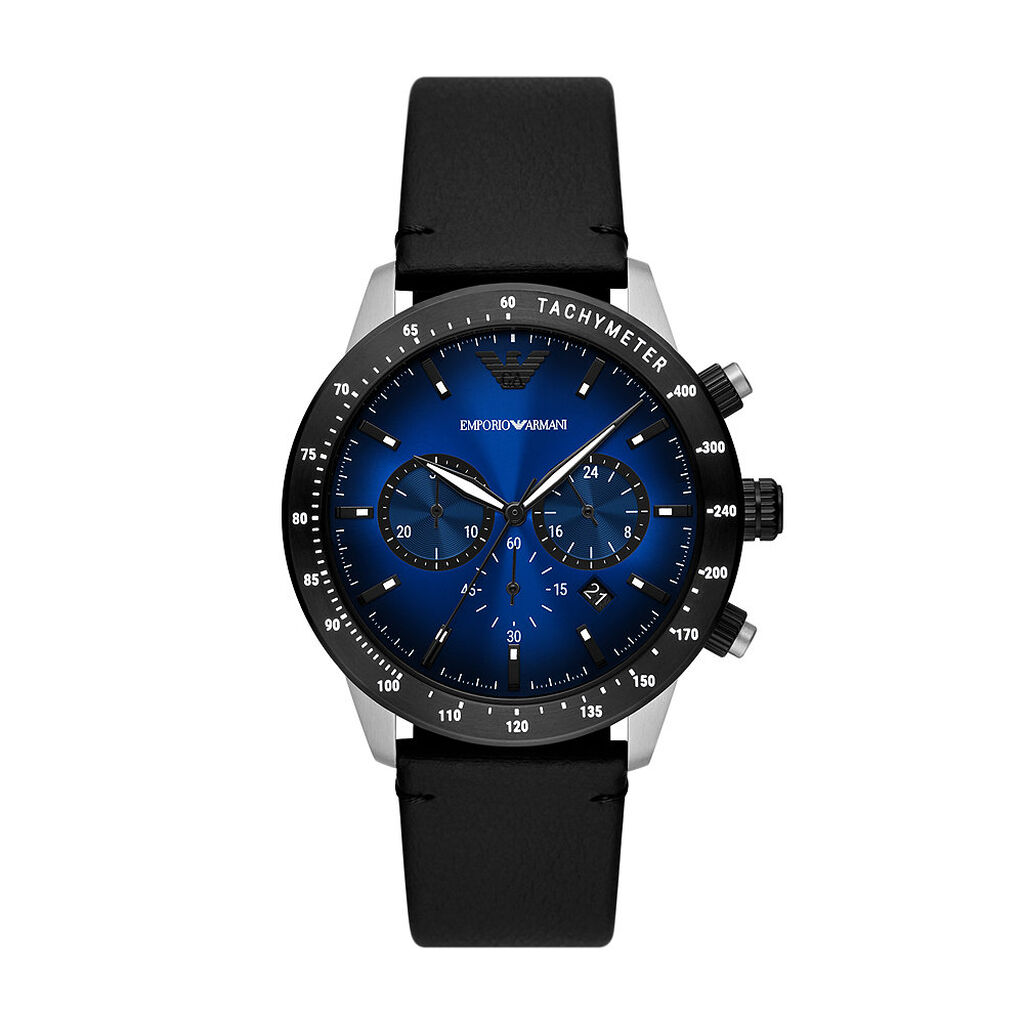 Men's Emporio Armani AR11522 chronograph watch featuring a 43mm stainless steel case, blue dial with silver-tone hands, black leather strap, and tachymeter bezel.