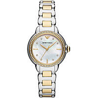 Emporio Armani AR11524 women's watch features a two-tone stainless steel bracelet, a mother-of-pearl dial, diamond accents, and a round bezel with gold-tone details.