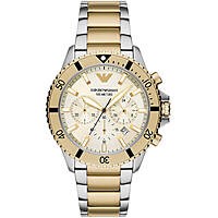 Emporio Armani AR11606 men's chronograph watch features a 43mm cream dial, two-tone gold and silver bracelet, and bold black markers with a stainless steel case.