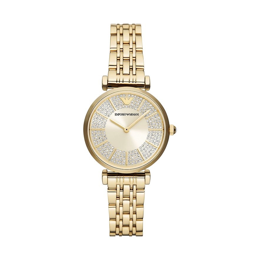 Emporio Armani women's watch features a 32mm cream eggshell dial with gold accents, a sparkling crystal bezel, and a gold steel bracelet for an elegant look.