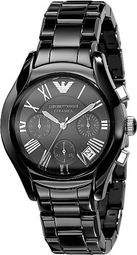 Black ceramic Emporio Armani Ceramica AR1401 chronograph watch with a 38mm case, featuring a black dial, silver-tone hands, Roman numerals, and a date display.