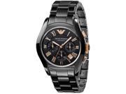 Men's 42mm Emporio Armani AR1410 black ceramic chronograph watch featuring a black dial, gold-tone accents, and a stainless steel bracelet.