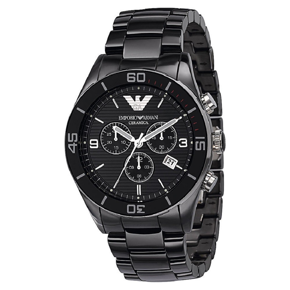 Emporio Armani AR1421 men's chronograph watch featuring a 43mm black dial, black ceramic bracelet, three sub-dials, and a date display at 4 o'clock.