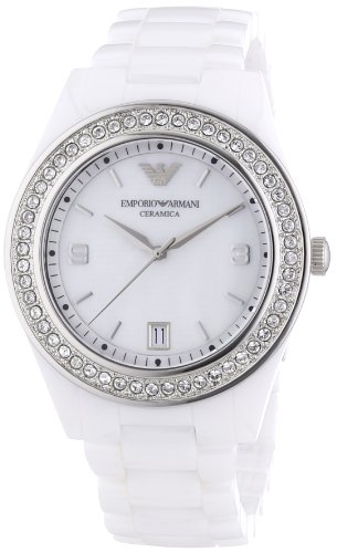 White ceramic Emporio Armani AR1426 ladies watch featuring a sparkling crystal bezel, silver hour markers, and a date display at 6 o'clock.