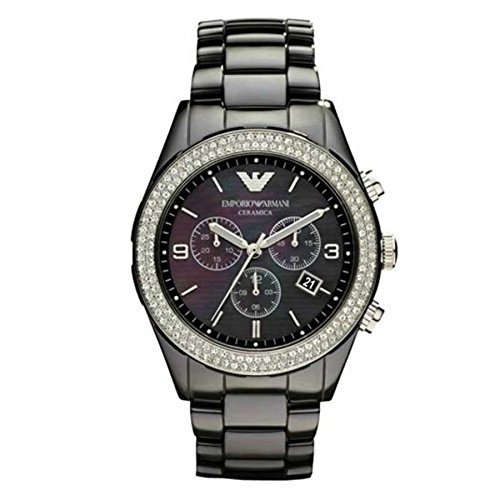 Emporio Armani AR1455 women's chronograph watch features a 43mm black mother of pearl dial, black ceramic bracelet, and a sparkling bezel with diamond accents.