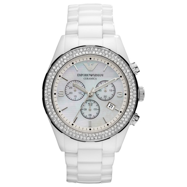 White ceramic ladies watch by Emporio Armani, featuring a shimmering mother-of-pearl dial, three sub-dials, and a sparkling crystal bezel.