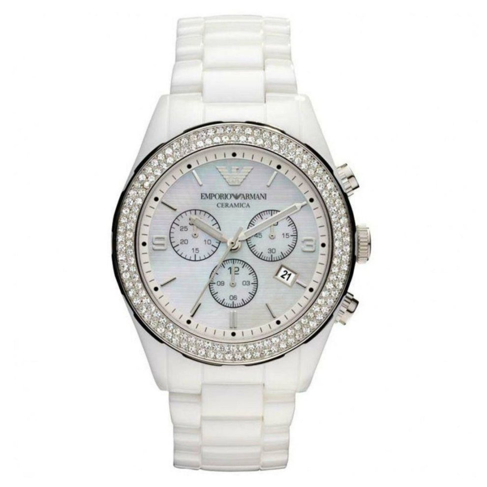 White ceramic chronograph watch with a mother of pearl dial, silver-tone hands, three subdials, date display, and a sparkling crystal bezel.
