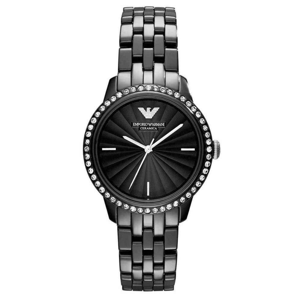 Ladies' 36mm Emporio Armani AR1478 watch featuring a black ceramic band, a sleek black dial with a sunburst pattern, and a crystal bezel for added elegance.