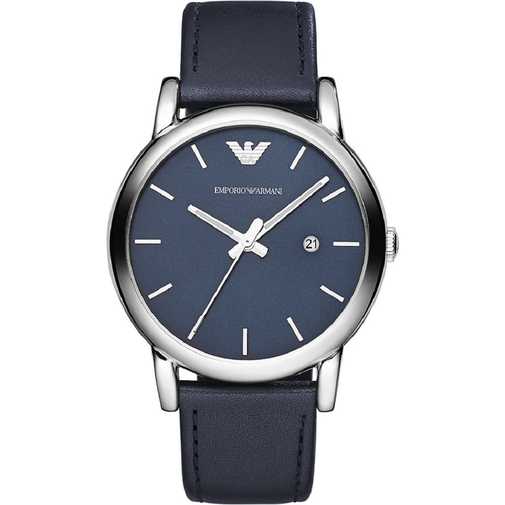 Stylish Emporio Armani AR1731 men's watch featuring a blue dial, silver-tone hands, a date display, and a navy leather strap.