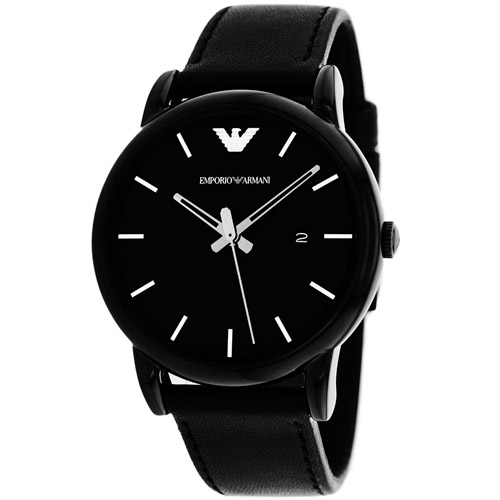 Classic black men's watch featuring a sleek black dial, silver hour markers, and a black leather strap, with the Emporio Armani logo prominently displayed.