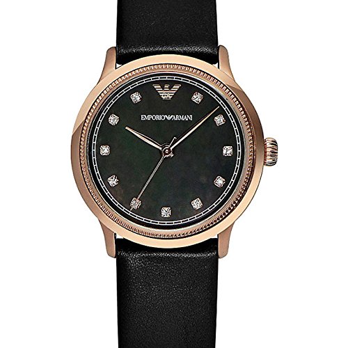 Classic 26mm women's watch featuring a black mother of pearl dial, rose gold-tone bezel, diamond markers, and a sleek black leather strap.